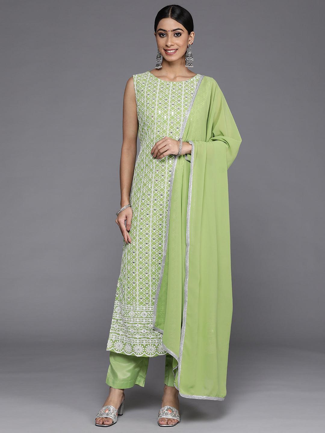 Green Embroidered Georgette Straight Kurta With Dupatta