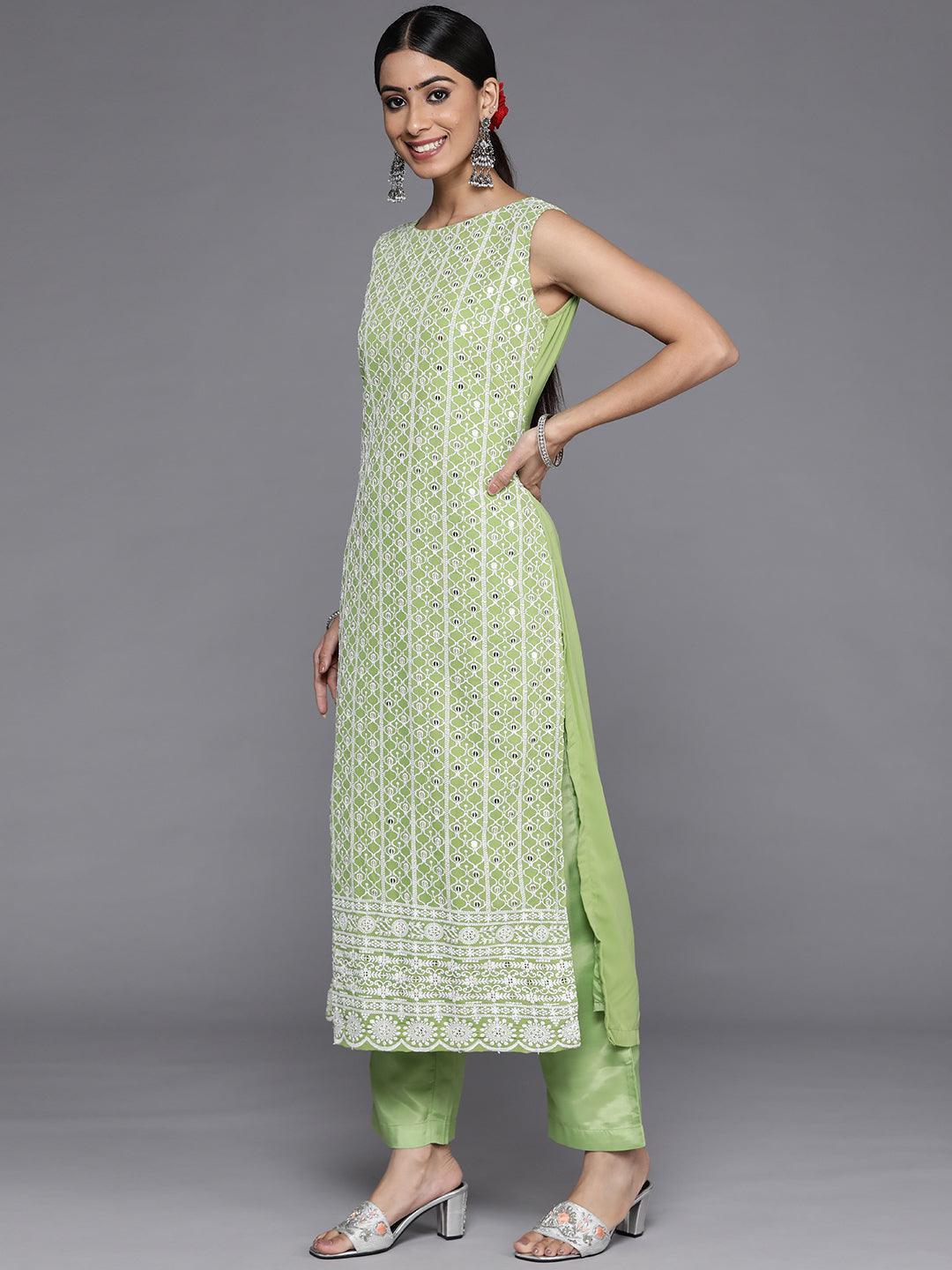 Green Embroidered Georgette Straight Kurta With Dupatta