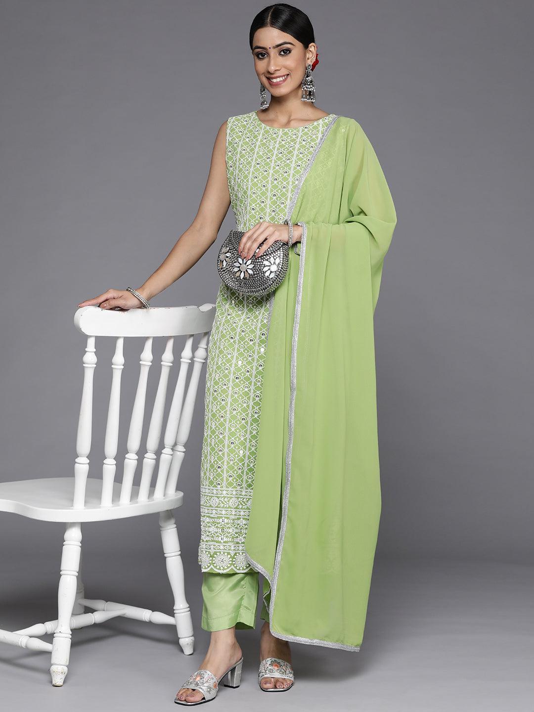 Green Embroidered Georgette Straight Kurta With Dupatta