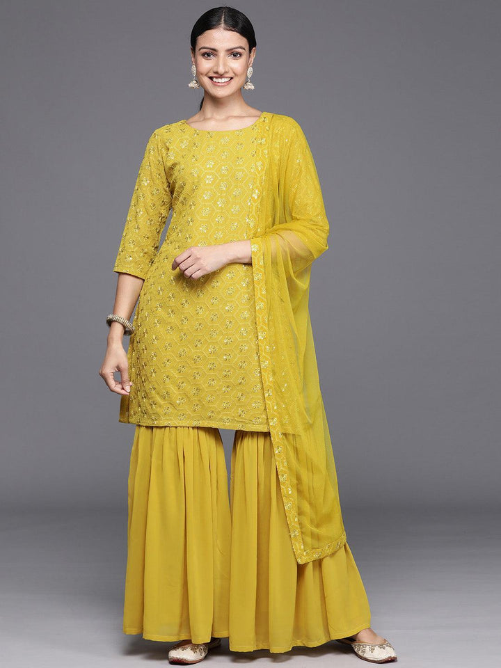 Green Embroidered Georgette Straight Kurta With Sharara & Dupatta - Libas