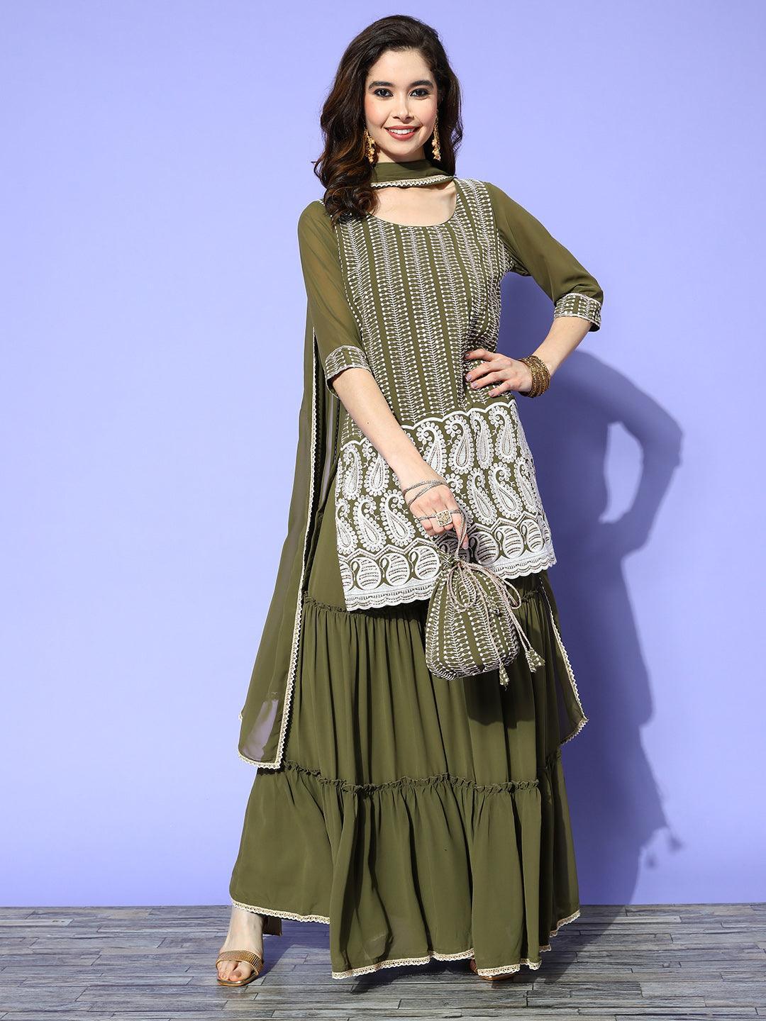 Green Embroidered Georgette Straight Kurta With Sharara & Dupatta