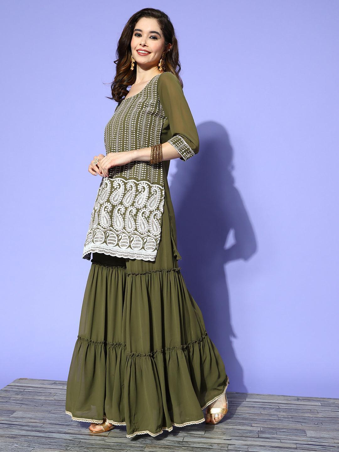 Green Embroidered Georgette Straight Kurta With Sharara & Dupatta