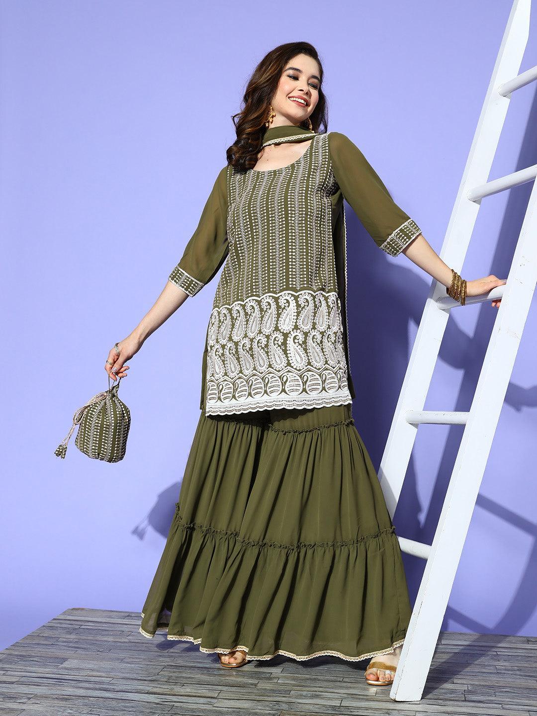 Green Embroidered Georgette Straight Kurta With Sharara & Dupatta