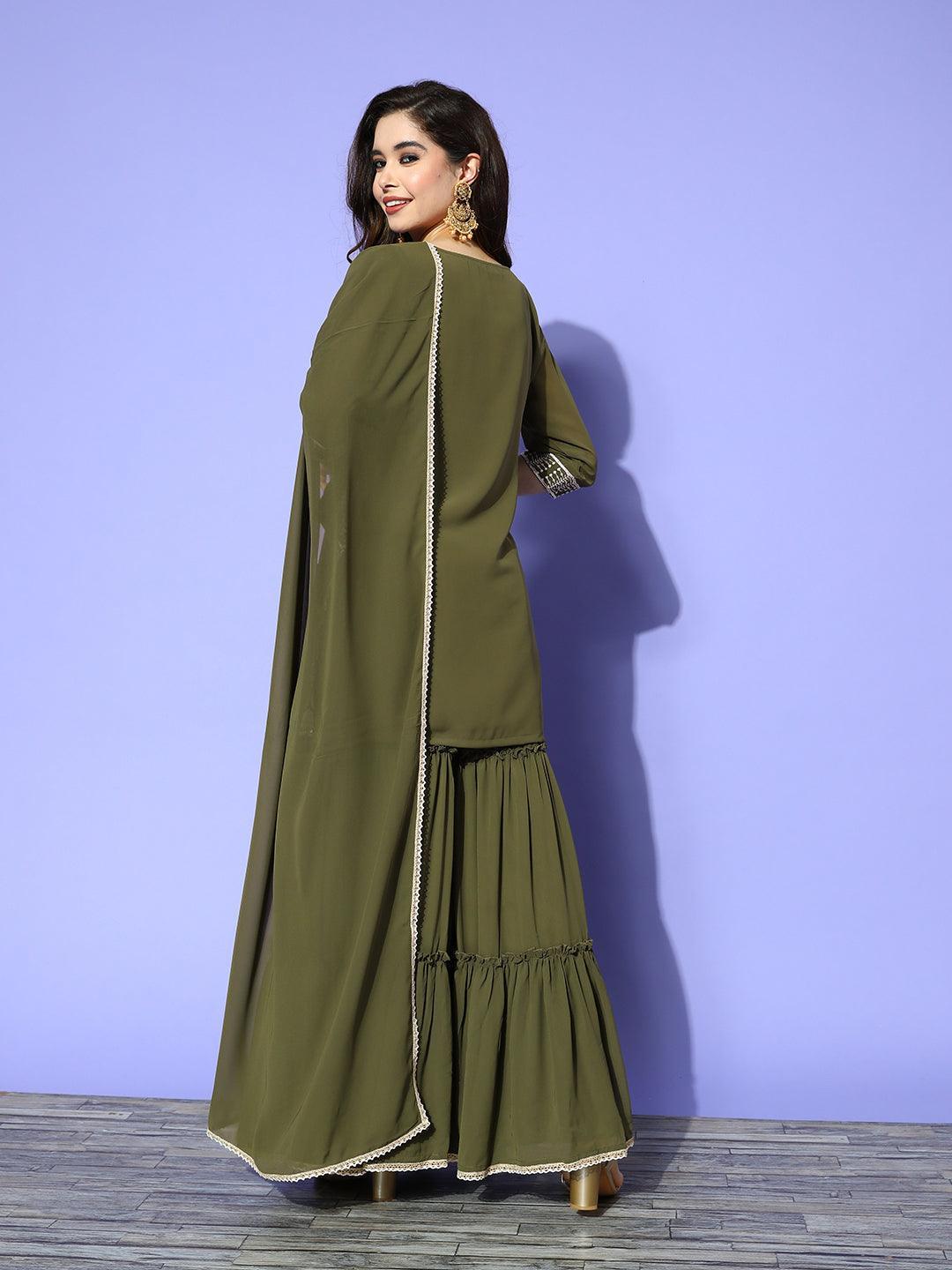 Green Embroidered Georgette Straight Kurta With Sharara & Dupatta