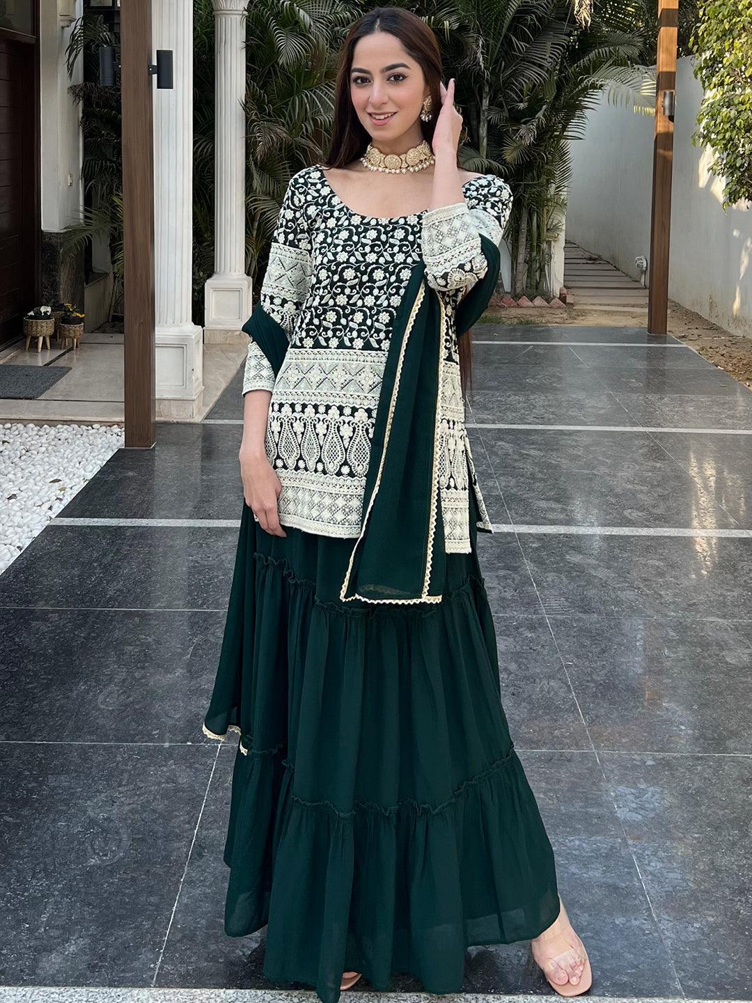 Green Embroidered Georgette Straight Kurta With Skirt & Dupatta