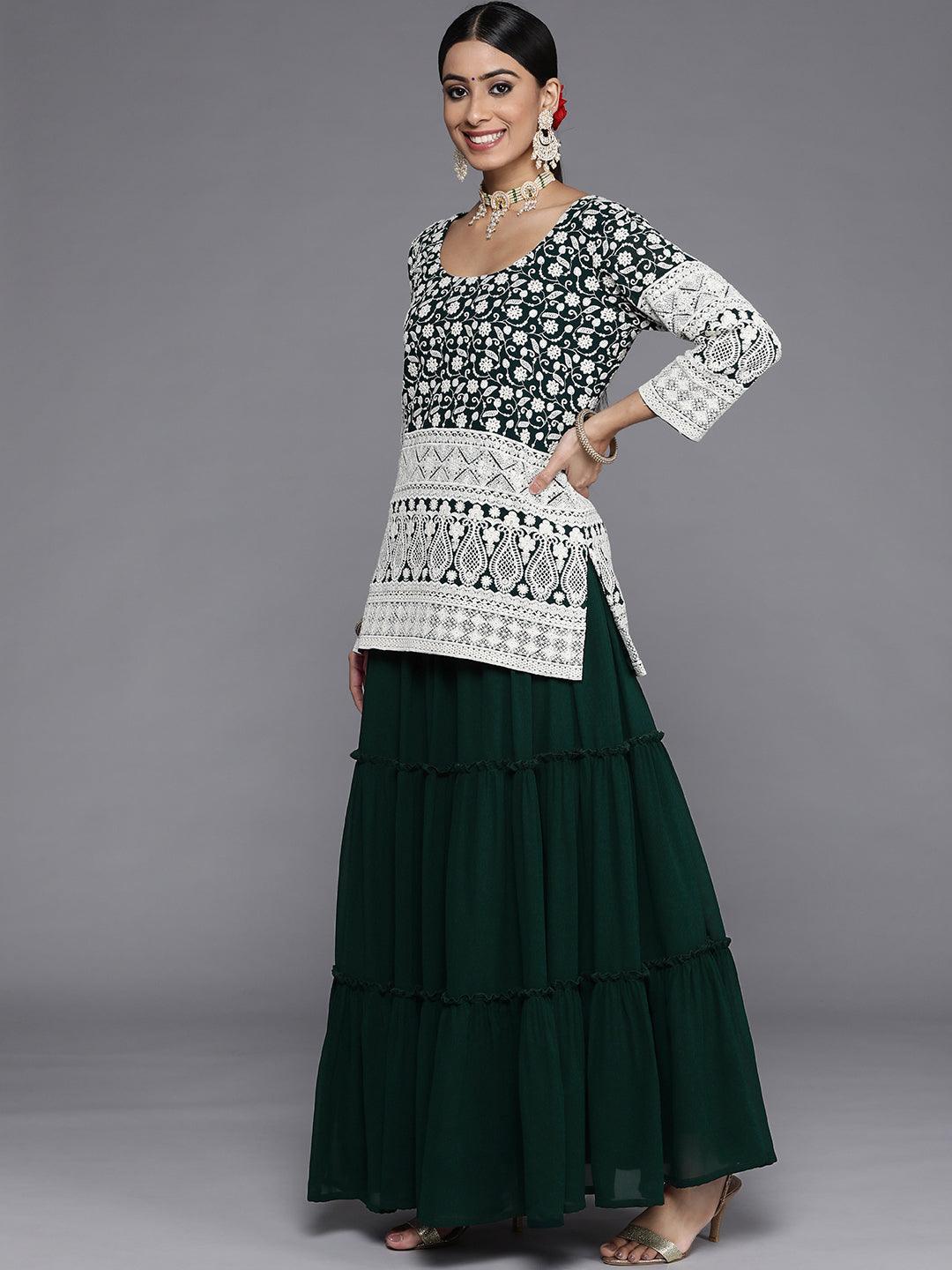 Green Embroidered Georgette Straight Kurta With Skirt & Dupatta