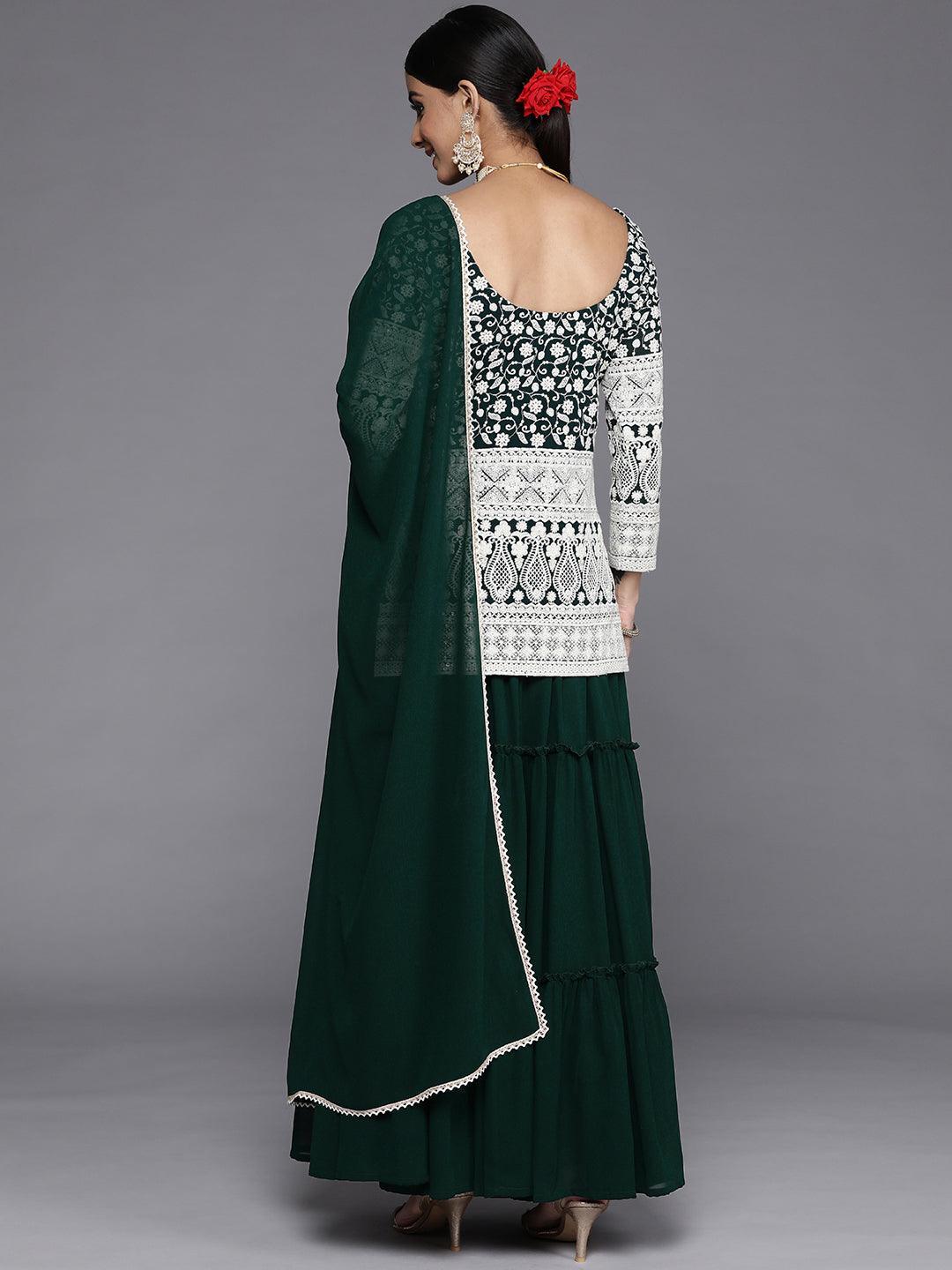 Green Embroidered Georgette Straight Kurta With Skirt & Dupatta