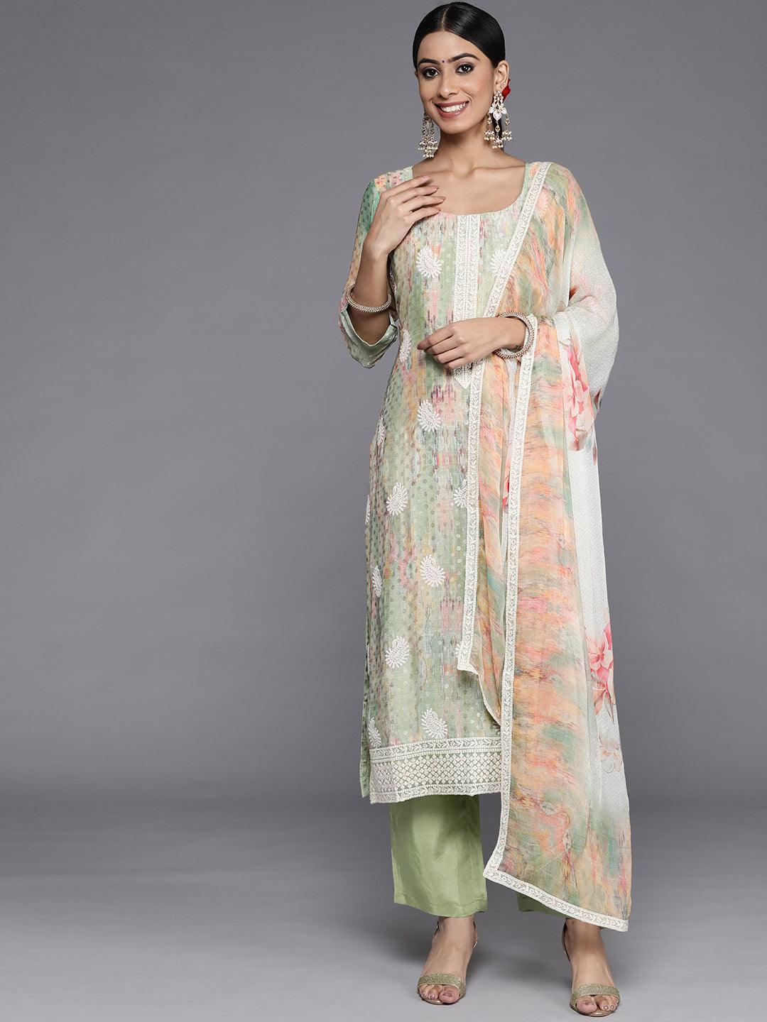 Green Embroidered Poly Georgette Straight Suit Set