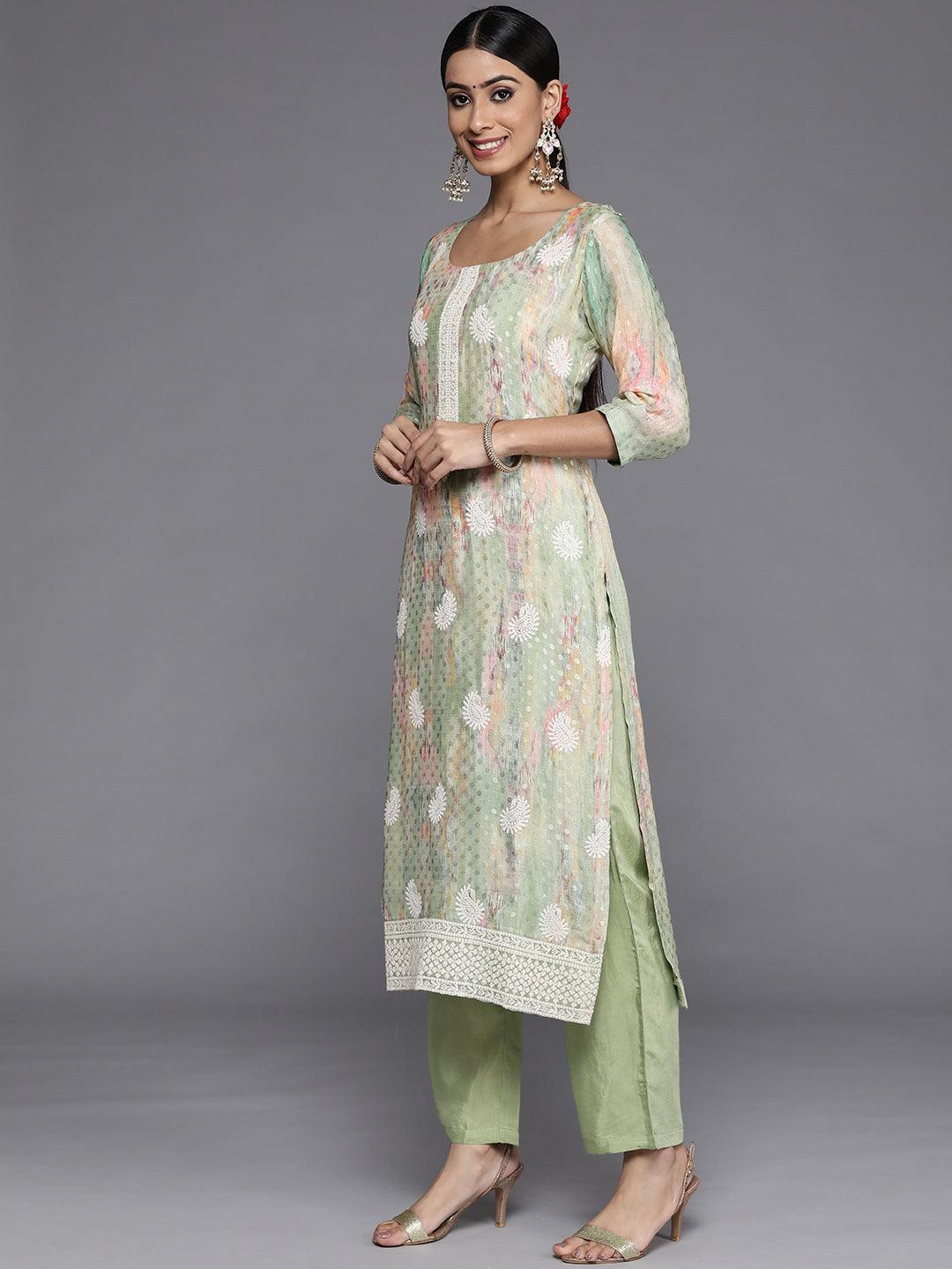 Green Embroidered Poly Georgette Straight Suit Set