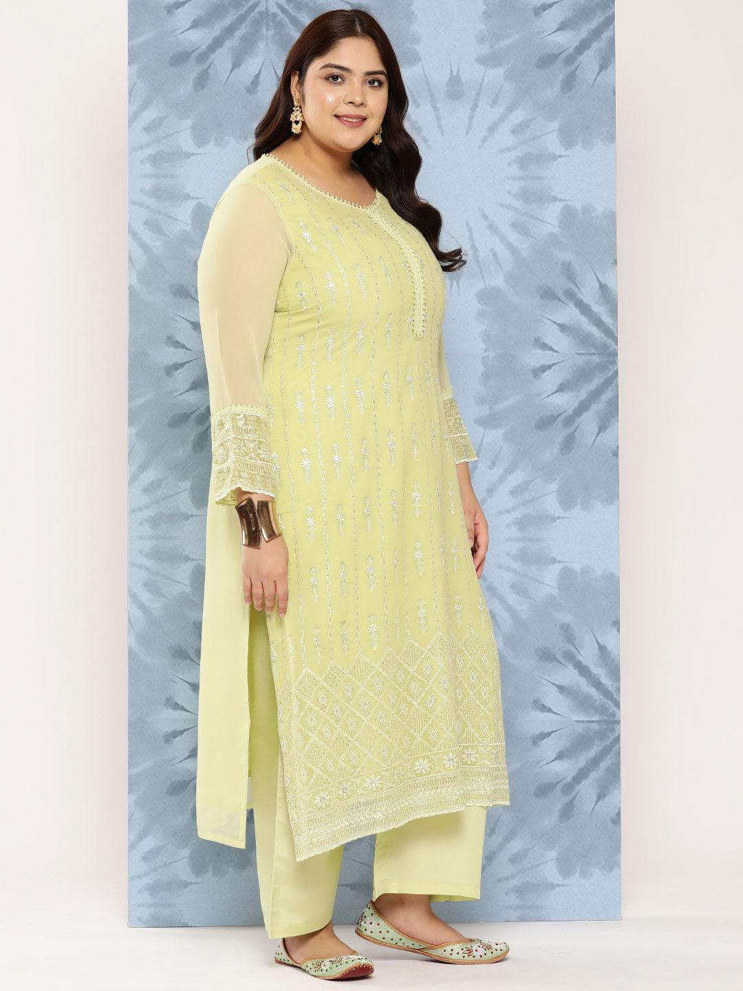 Green Embroidered Georgette Straight Kurta With Trousers and Dupatta