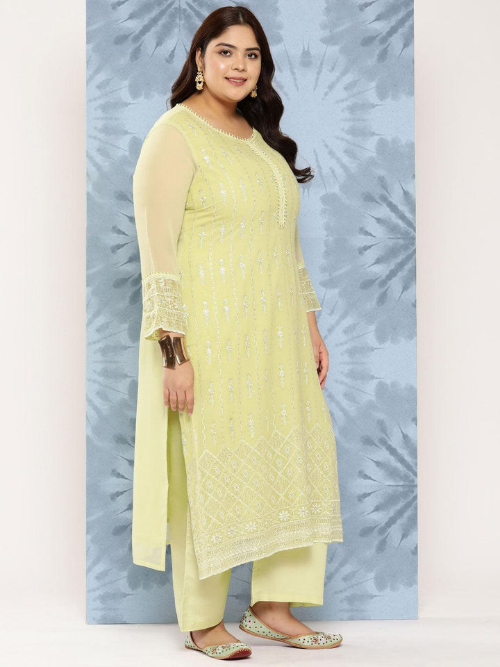 Green Embroidered Georgette Straight Kurta With Trousers and Dupatta - Libas