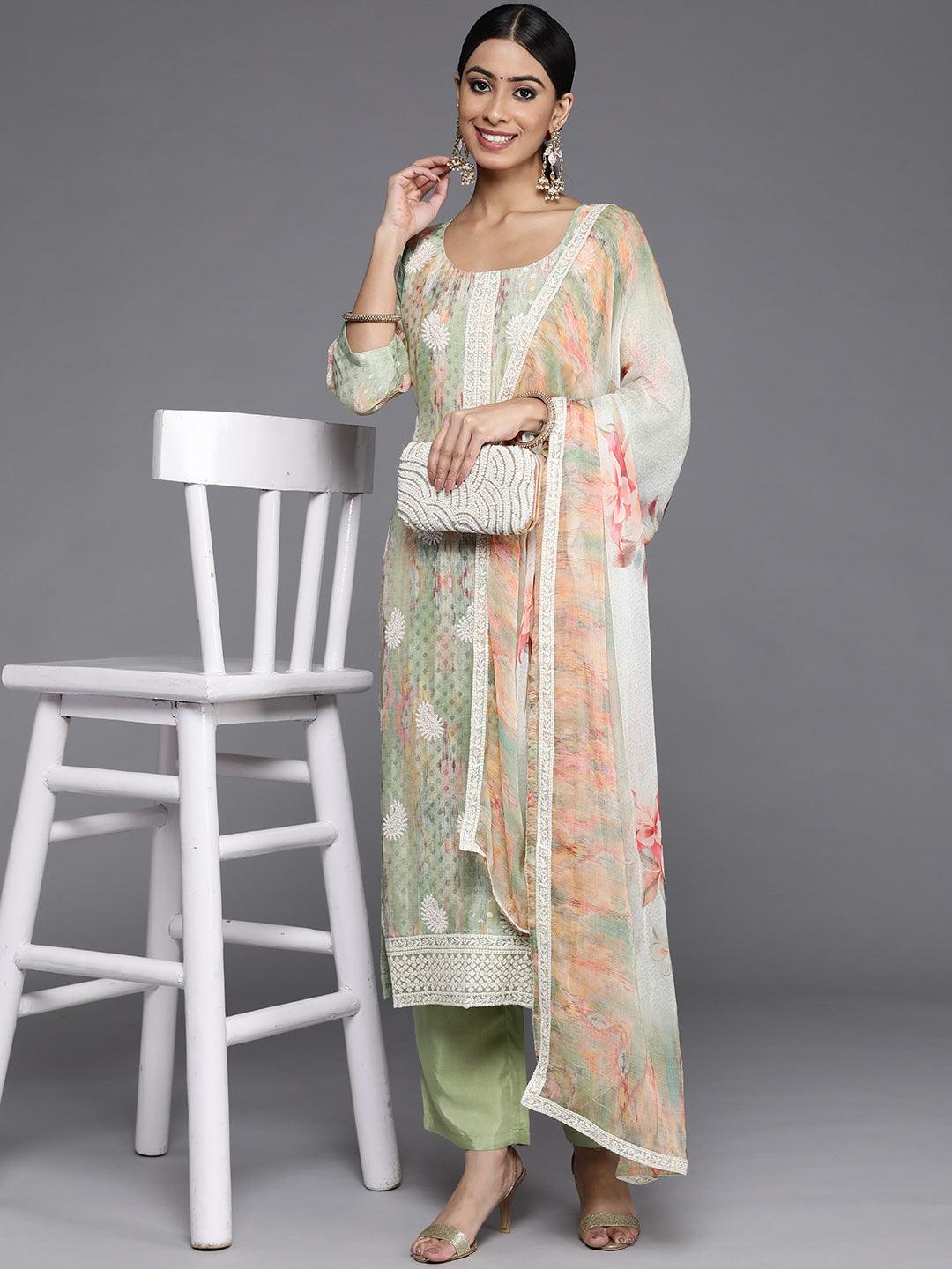 Green Embroidered Poly Georgette Straight Suit Set