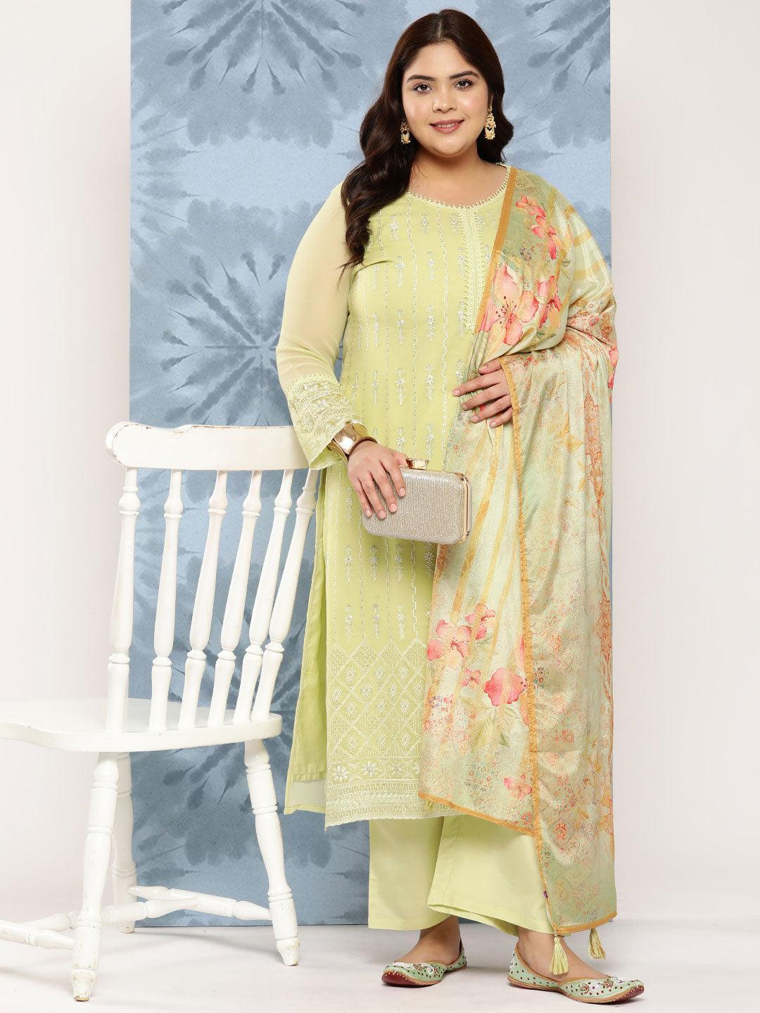 Green Embroidered Georgette Straight Kurta With Trousers and Dupatta