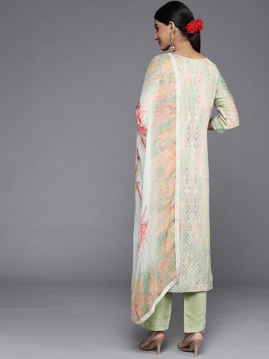 Green Embroidered Poly Georgette Straight Suit Set