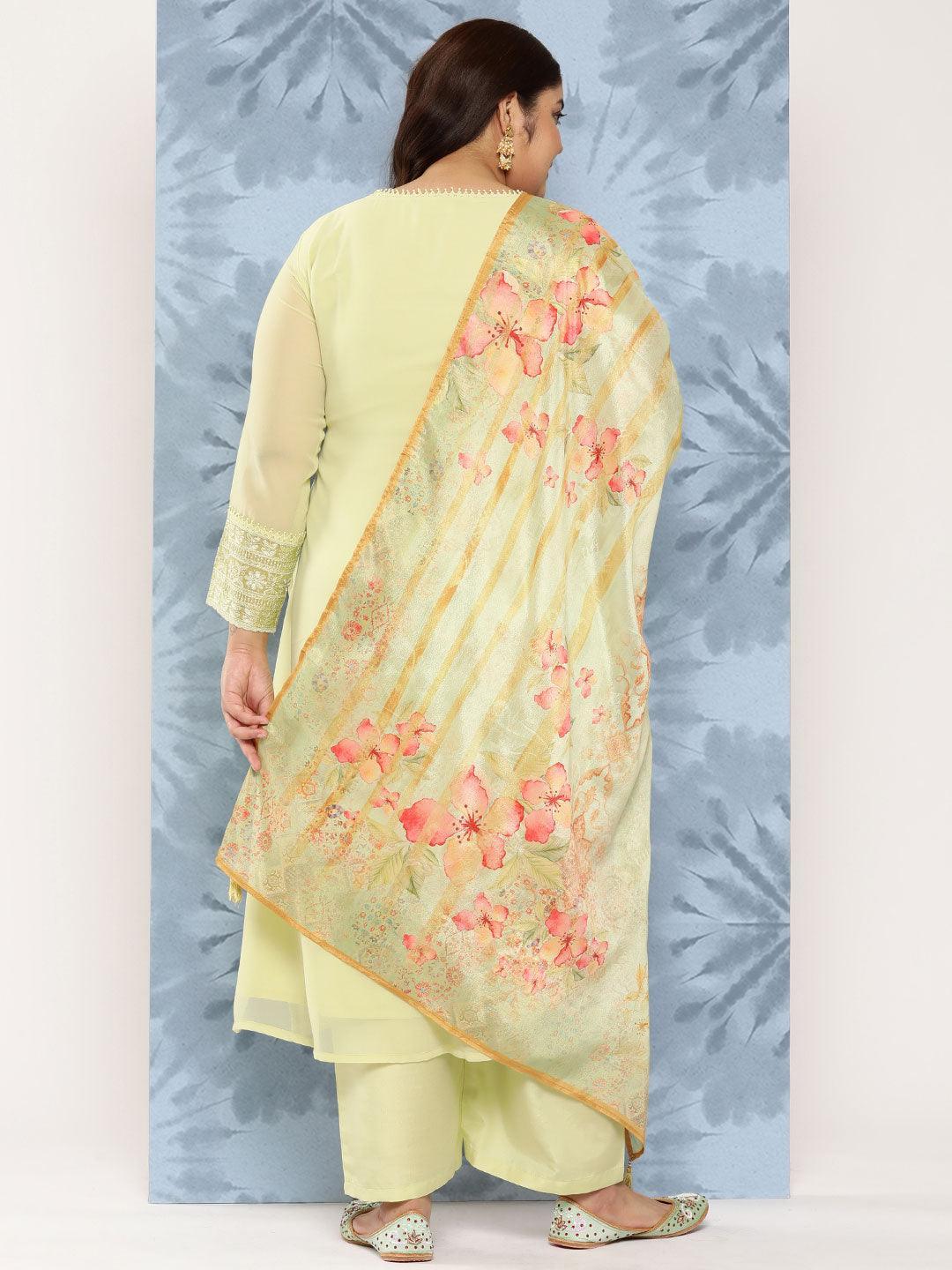 Green Embroidered Georgette Straight Kurta With Trousers and Dupatta