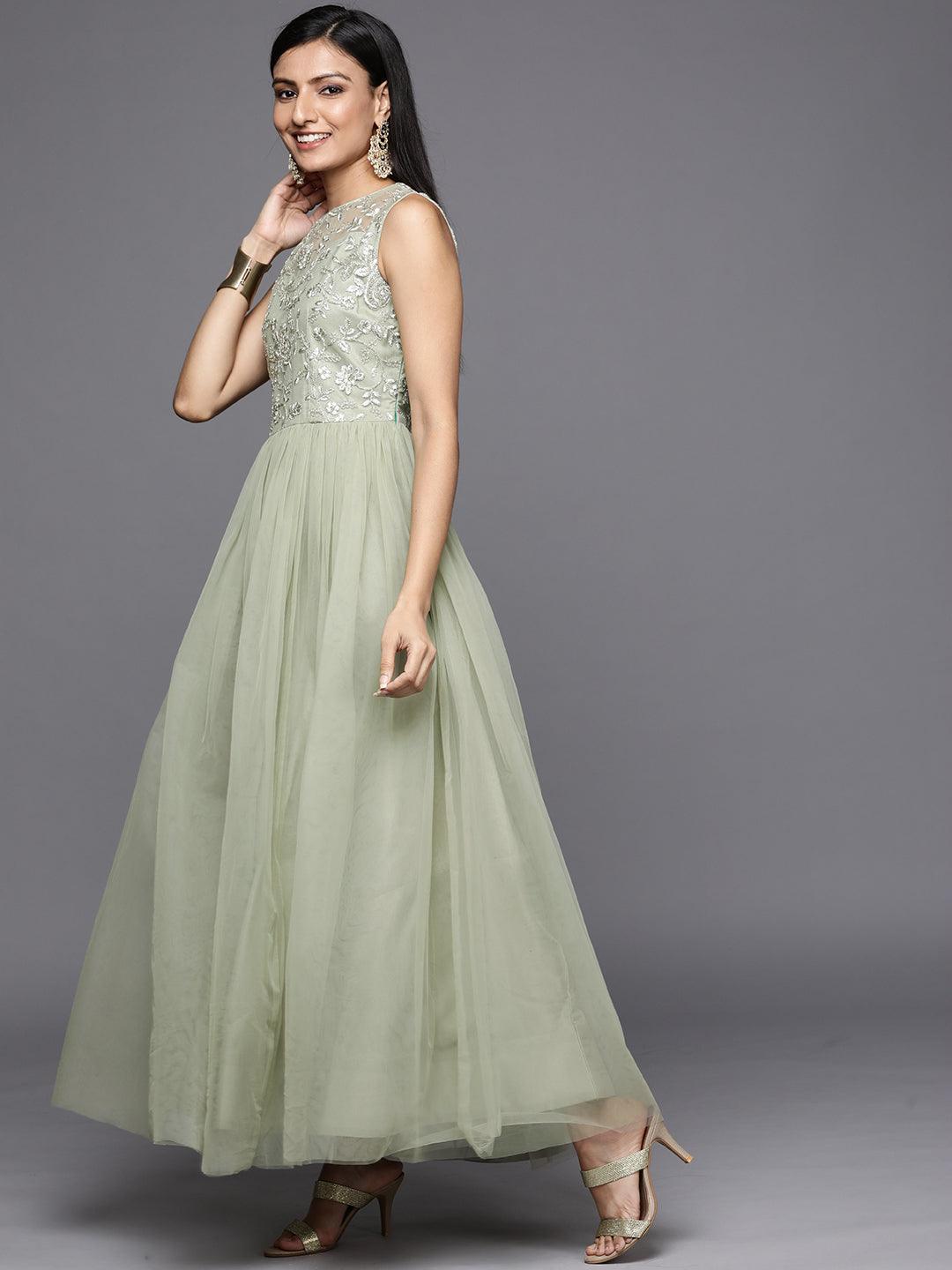 Green Embroidered Nylon Gown Dress - ShopLibas