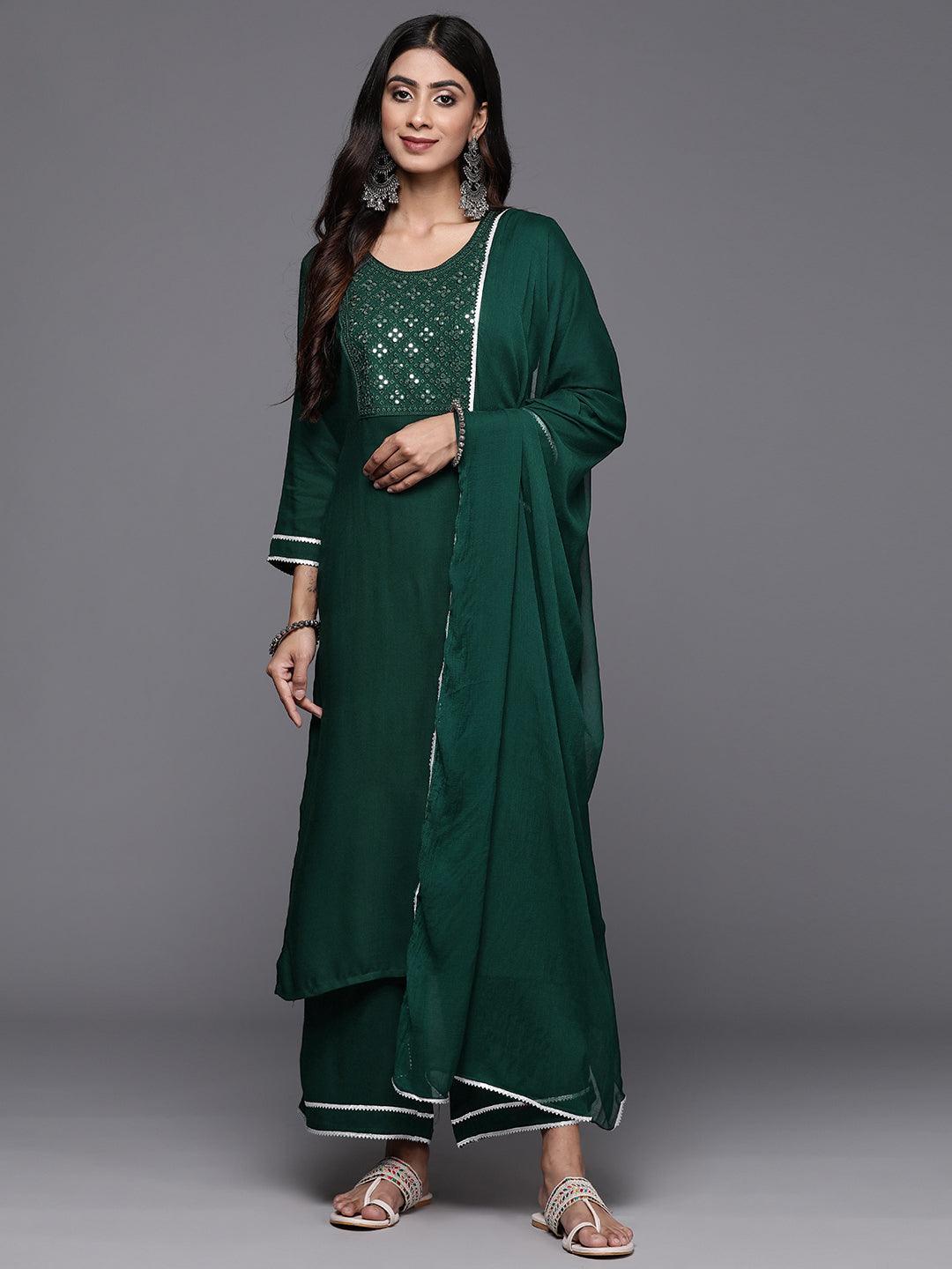 Green Embroidered Rayon Straight Kurta With Palazzos & Dupatta