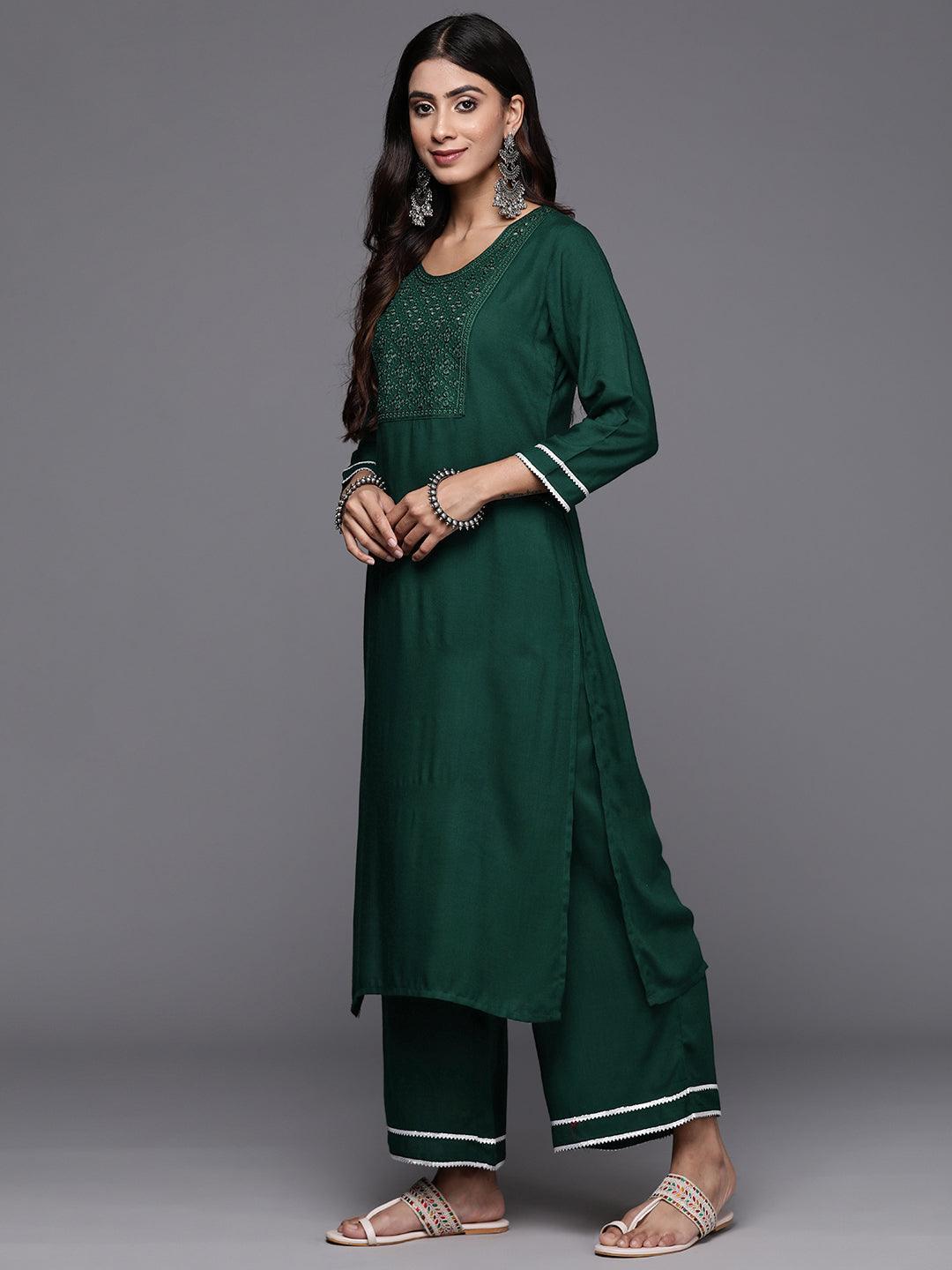 Green Embroidered Rayon Straight Kurta With Palazzos & Dupatta