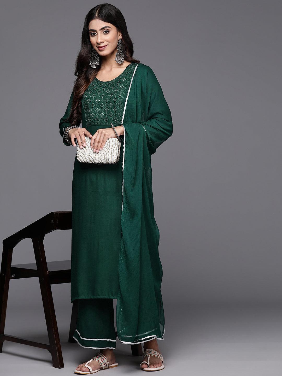 Green Embroidered Rayon Straight Kurta With Palazzos & Dupatta