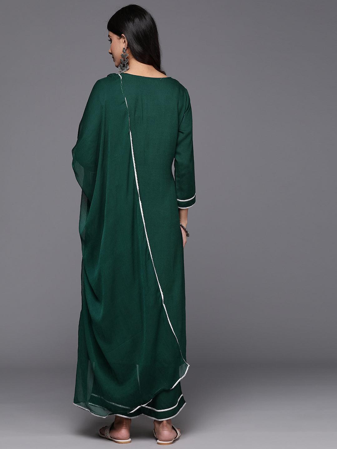 Green Embroidered Rayon Straight Kurta With Palazzos & Dupatta