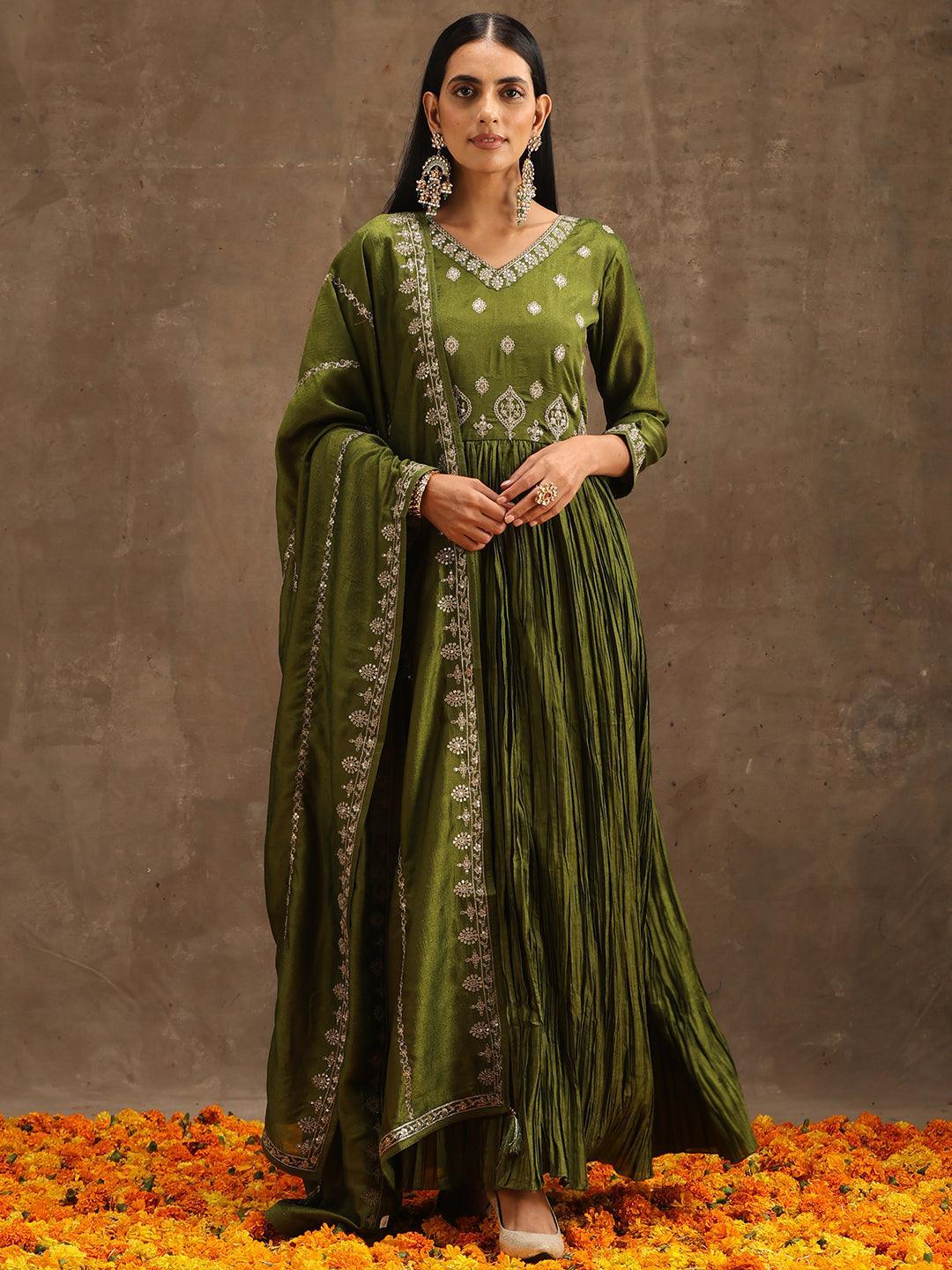 Green Embroidered Silk Blend Anarkali Suit Set With Trousers - ShopLibas