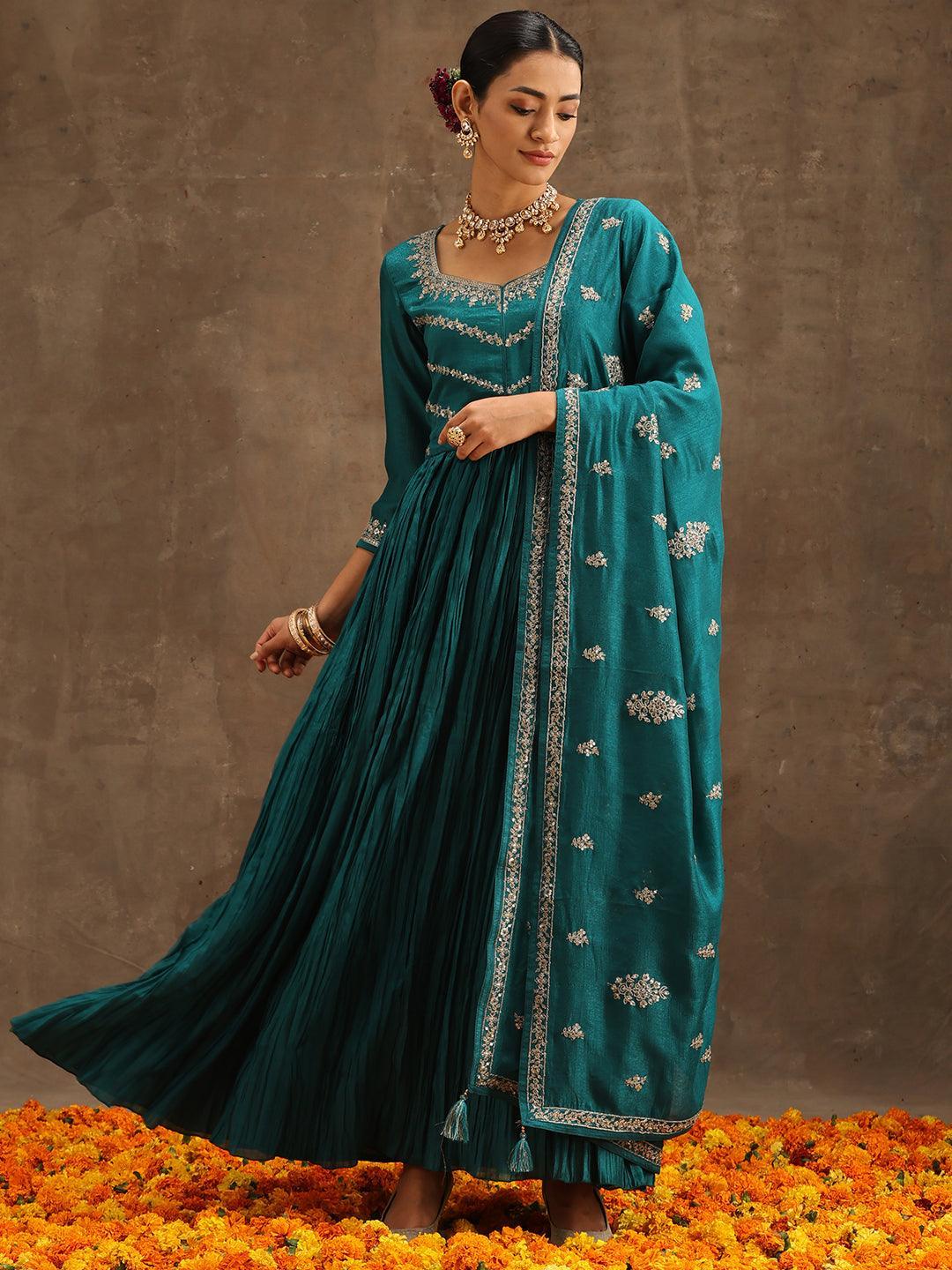 Green Embroidered Silk Blend Anarkali Suit Set With Trousers