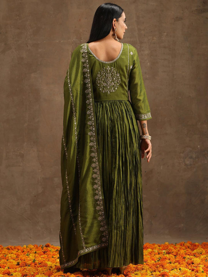 Green Embroidered Silk Blend Anarkali Suit Set With Trousers - ShopLibas