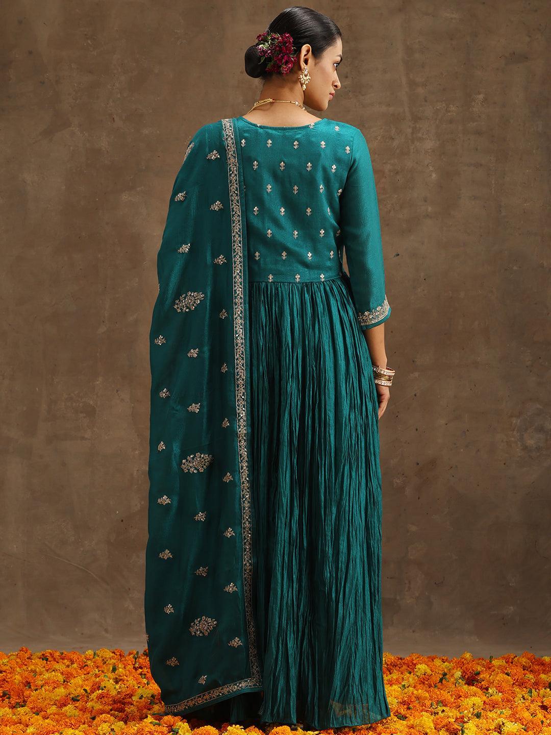 Green Embroidered Silk Blend Anarkali Suit Set With Trousers