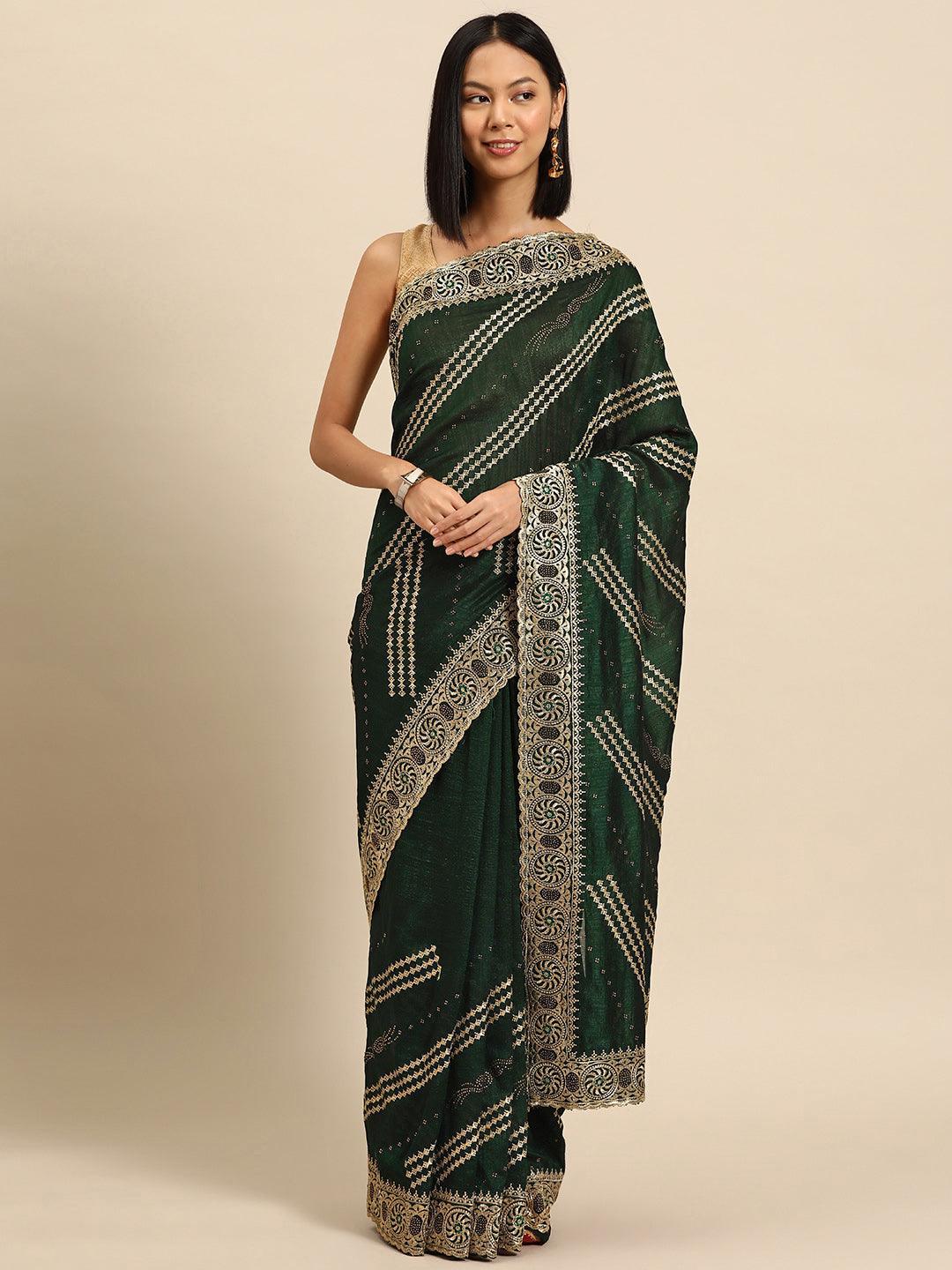 Green Embroidered Silk Blend Saree