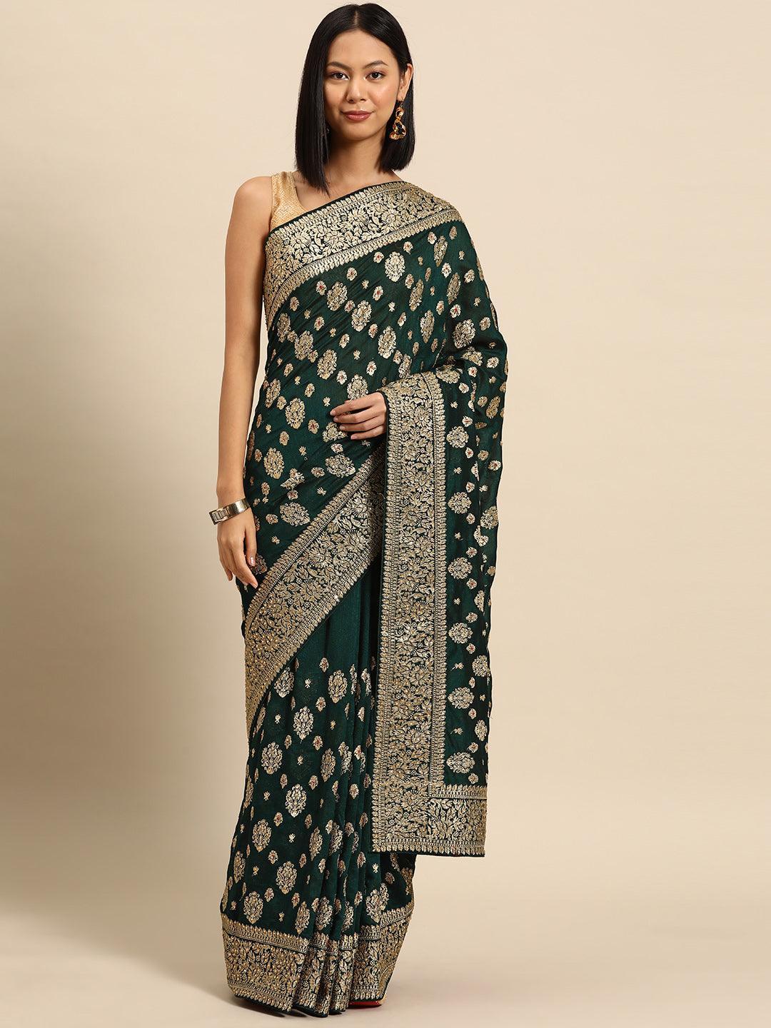 Green Embroidered Silk Blend Saree