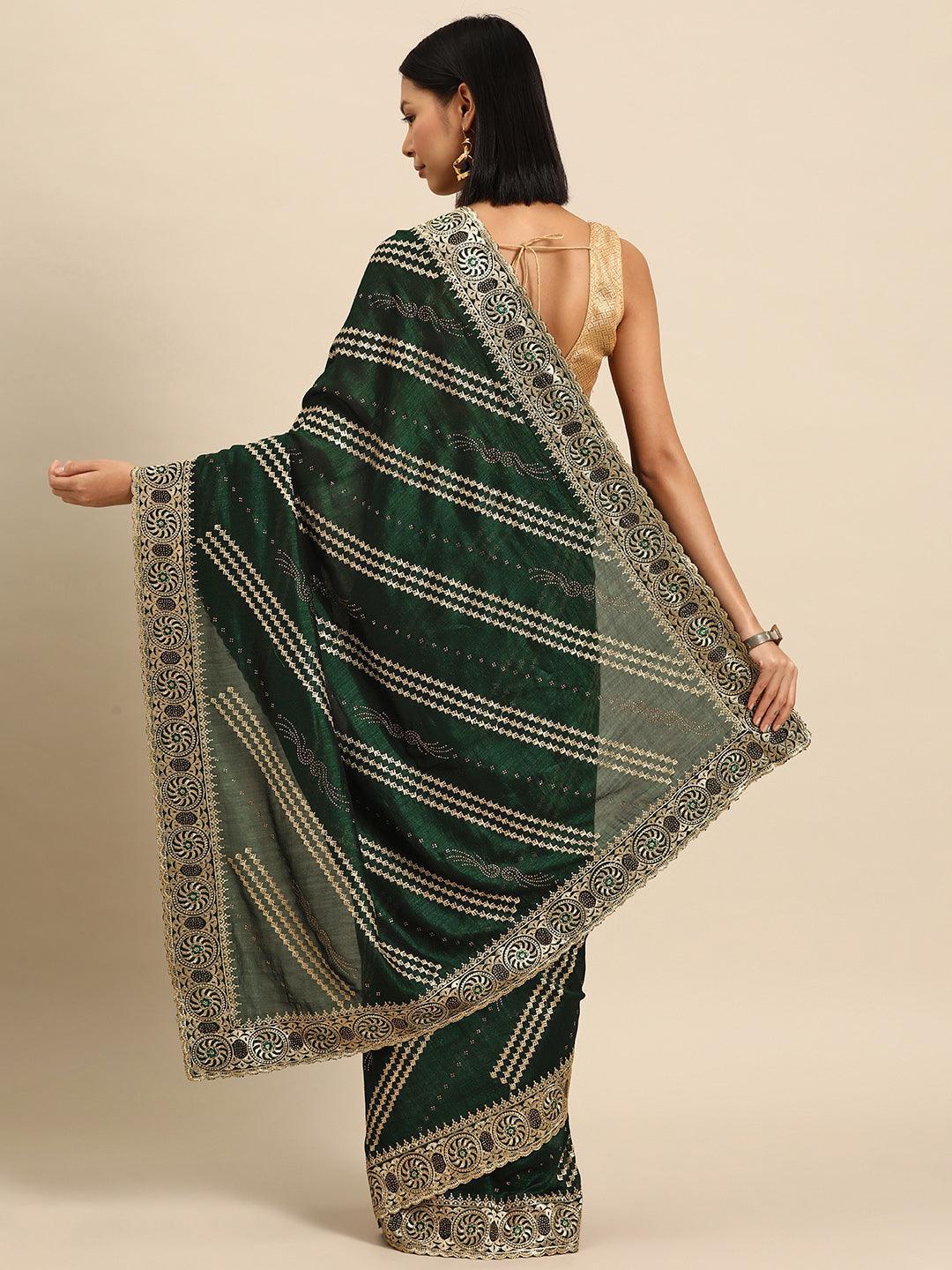 Green Embroidered Silk Blend Saree