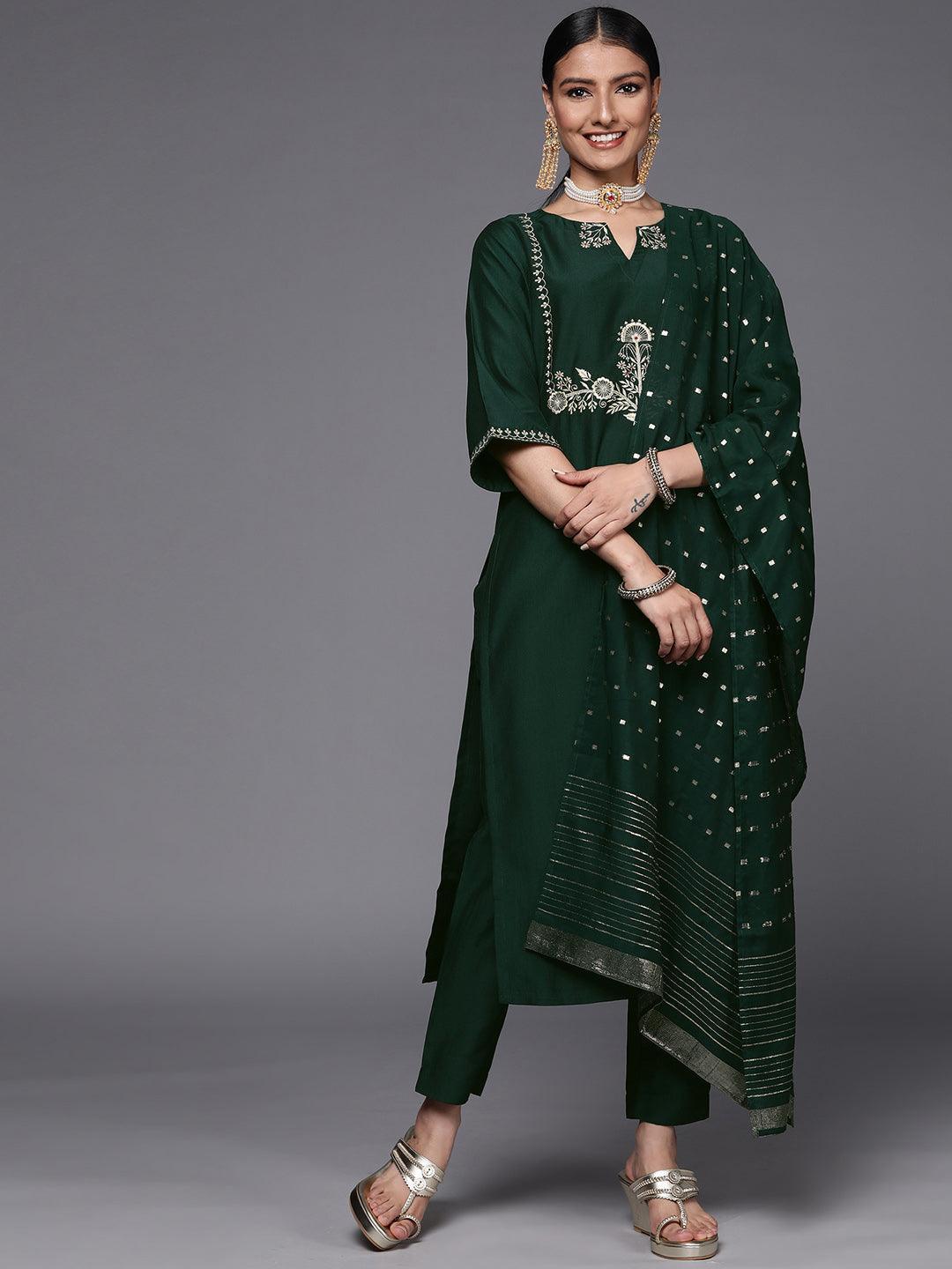 Green Embroidered Silk Blend Straight Suit Set