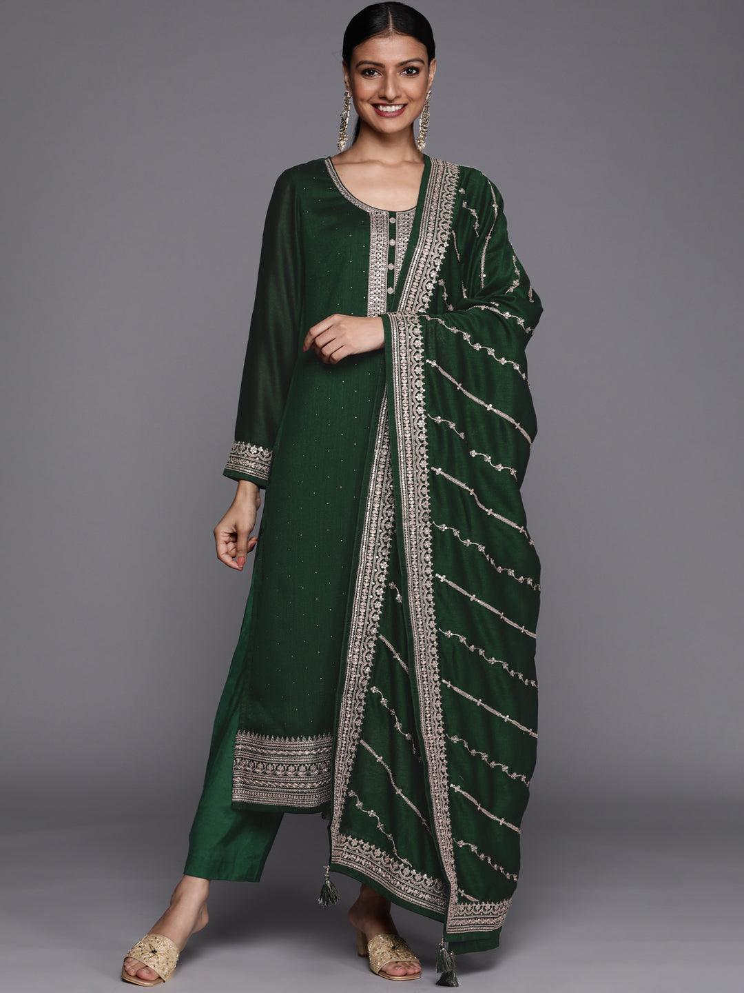 Green Embroidered Silk Blend Straight Suit Set - ShopLibas