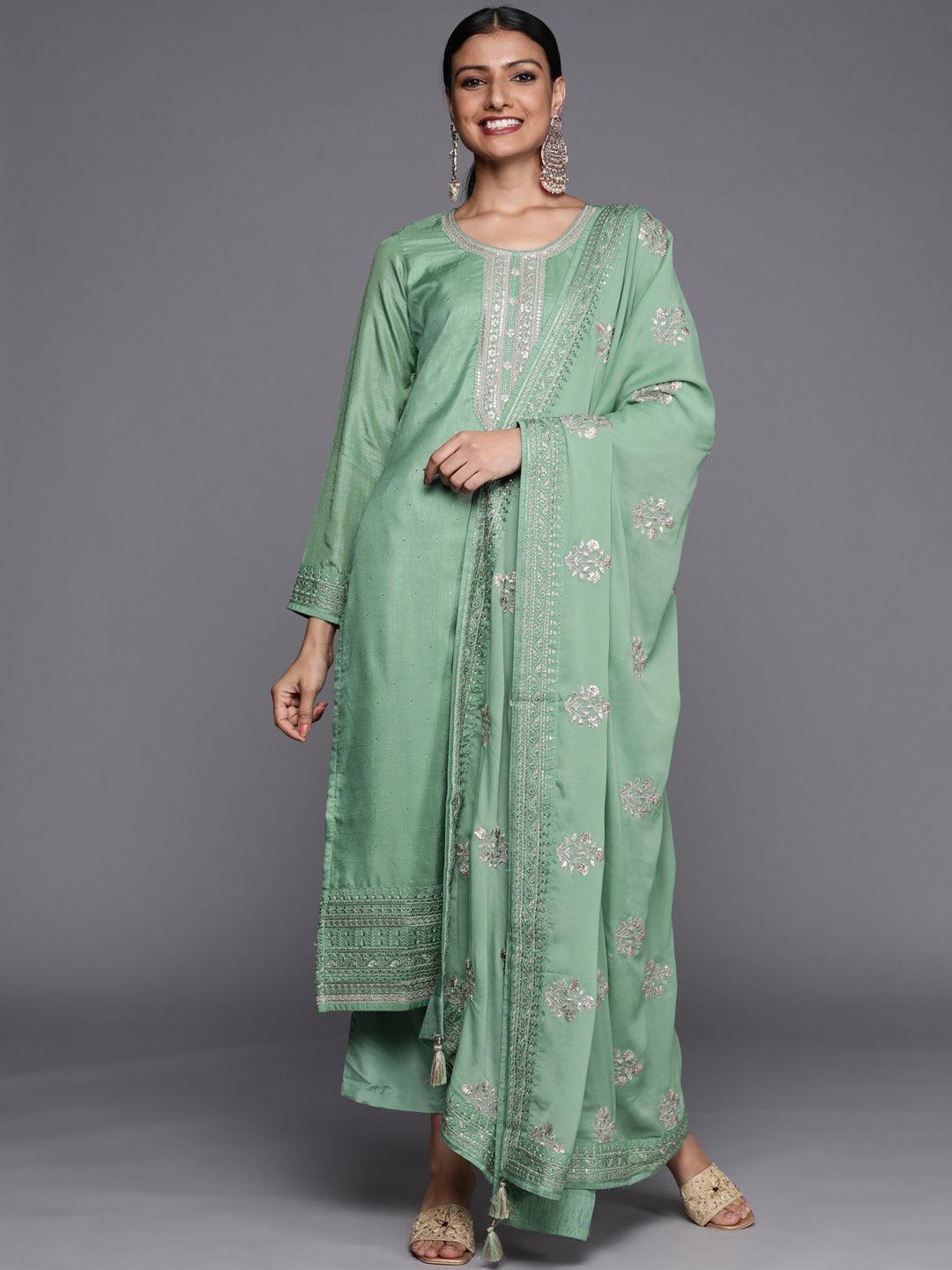 Green Embroidered Silk Blend Straight Suit Set