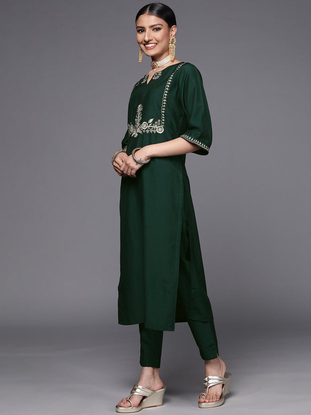 Green Embroidered Silk Blend Straight Suit Set