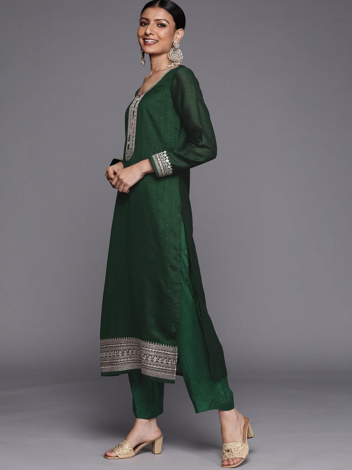 Green Embroidered Silk Blend Straight Suit Set - ShopLibas