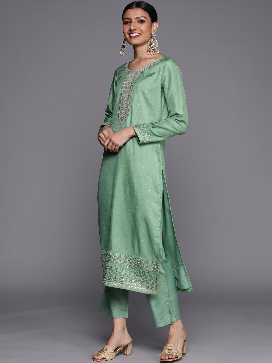 Green Embroidered Silk Blend Straight Suit Set