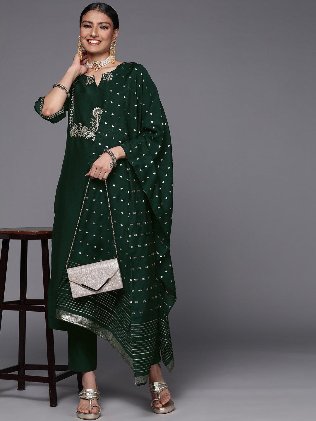 Green Embroidered Silk Blend Straight Suit Set