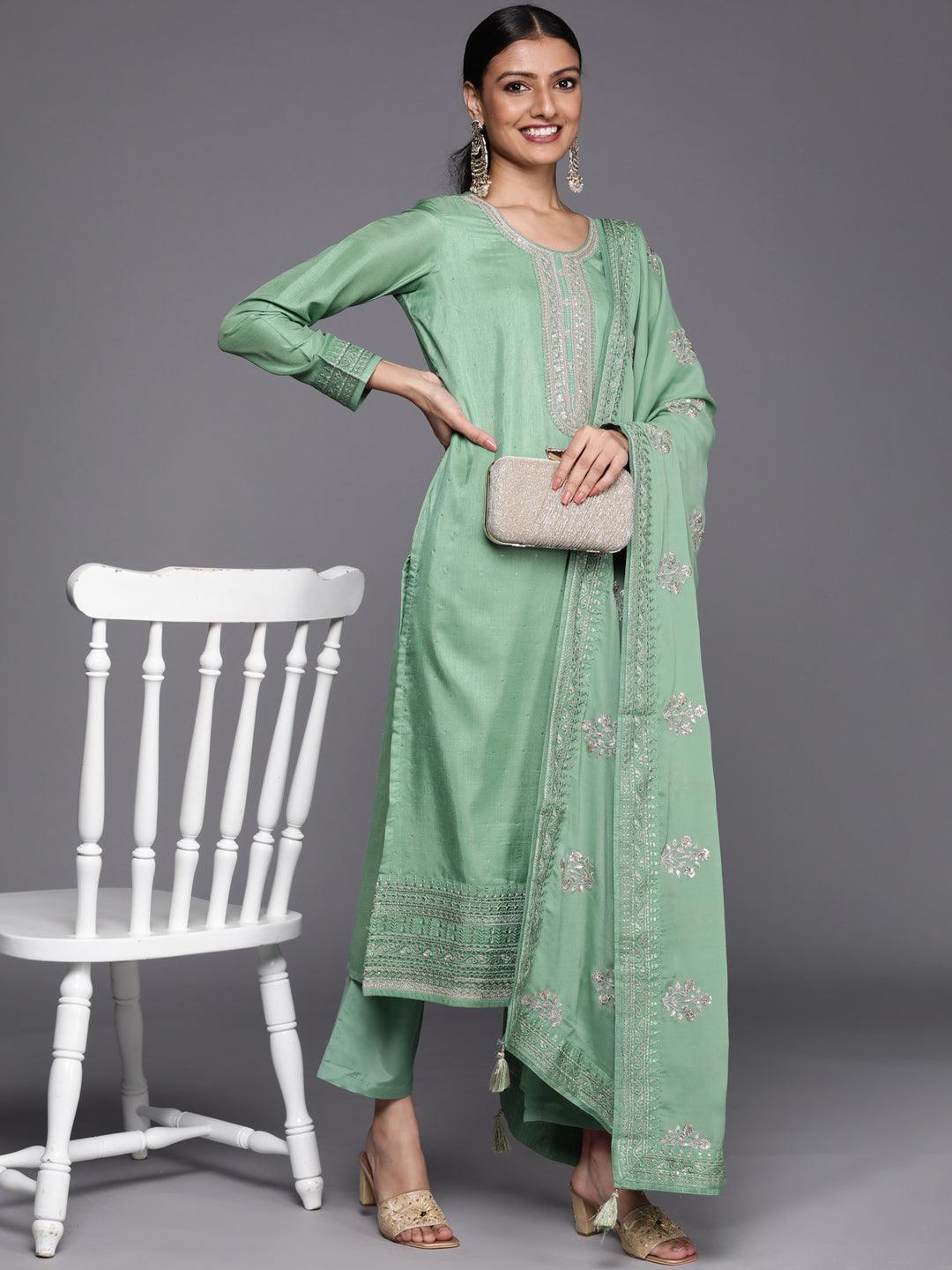 Green Embroidered Silk Blend Straight Suit Set