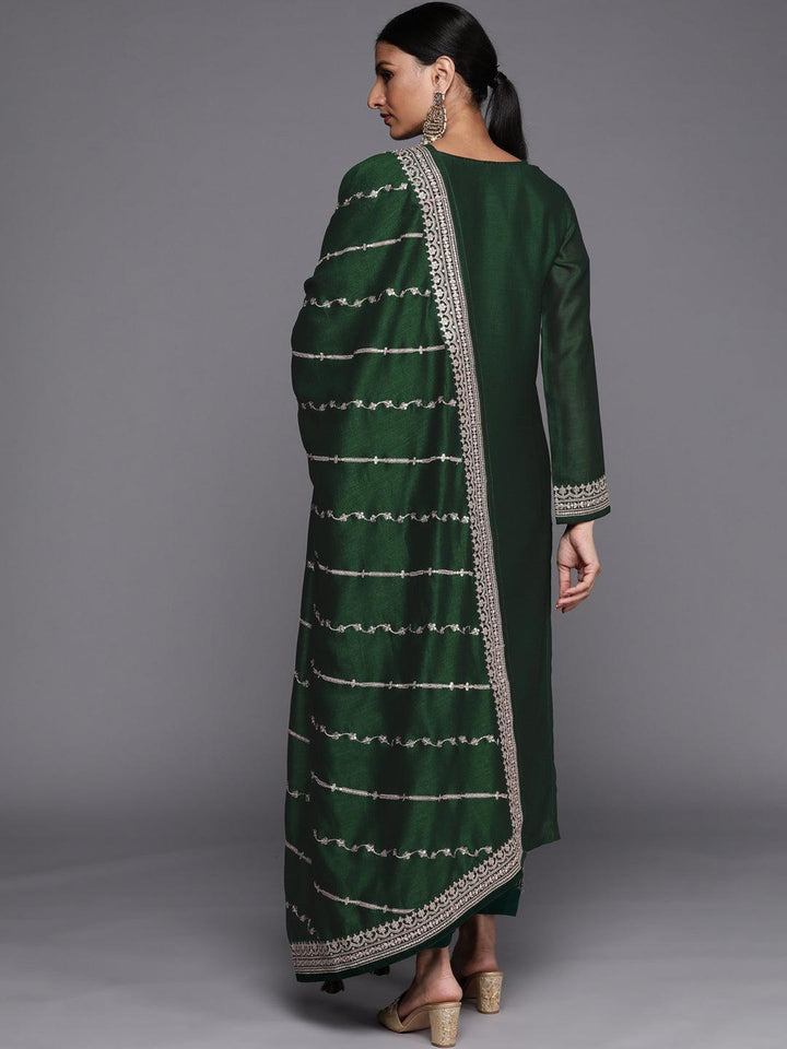 Green Embroidered Silk Blend Straight Suit Set - ShopLibas