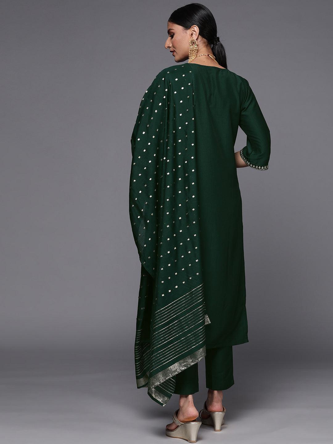 Green Embroidered Silk Blend Straight Suit Set