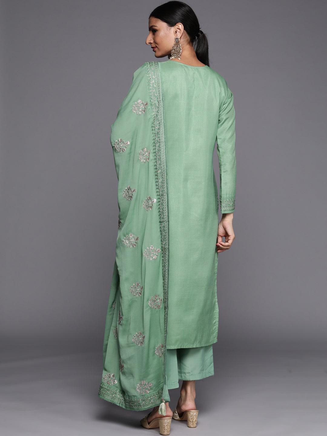 Green Embroidered Silk Blend Straight Suit Set