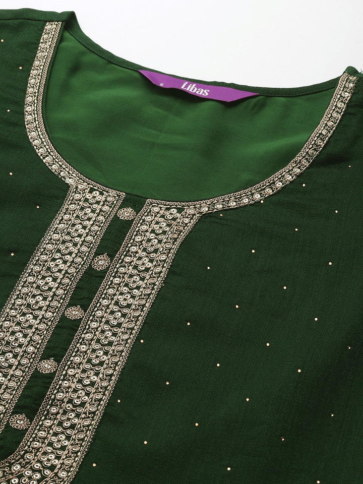 Green Embroidered Silk Blend Straight Suit Set - ShopLibas