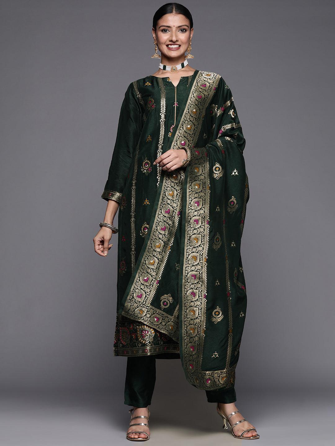 Green Embroidered Silk Blend Straight Suit Set