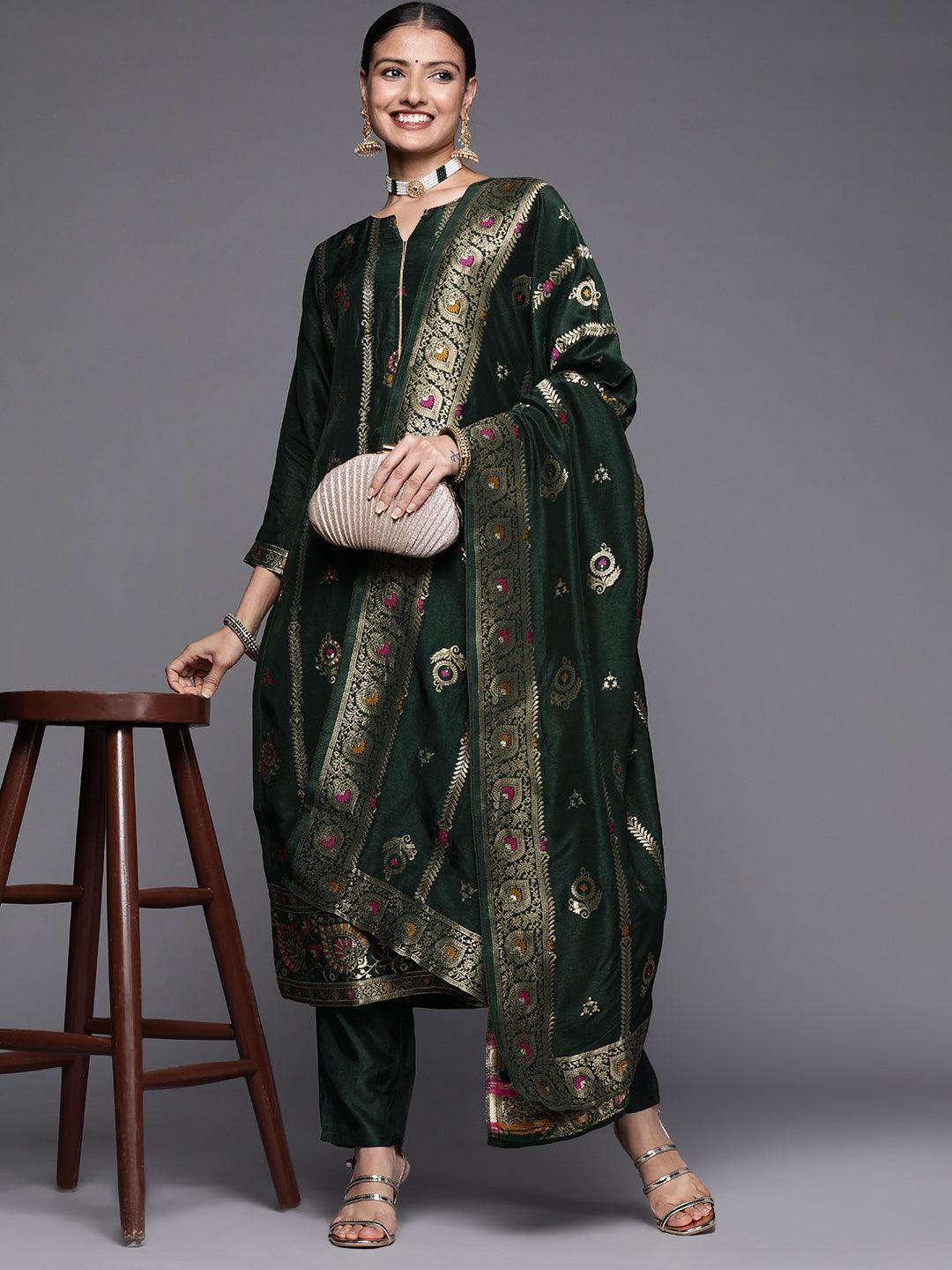 Green Embroidered Silk Blend Straight Suit Set