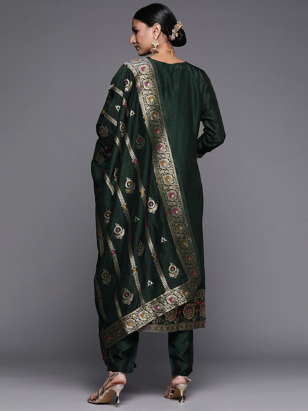 Green Embroidered Silk Blend Straight Suit Set