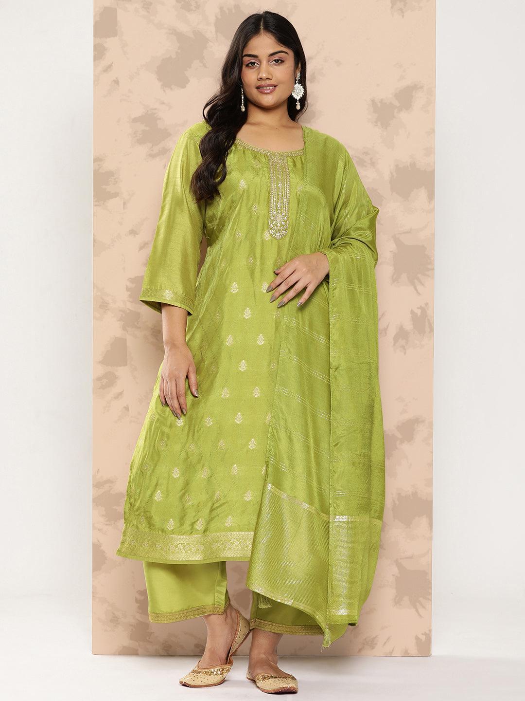 Green Embroidered Silk Blend Straight Kurta With Trousers and Dupatta - Libas