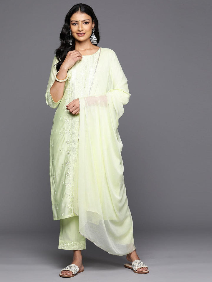 Green Embroidered Silk Blend Straight Kurta With Trousers & Dupatta - Libas