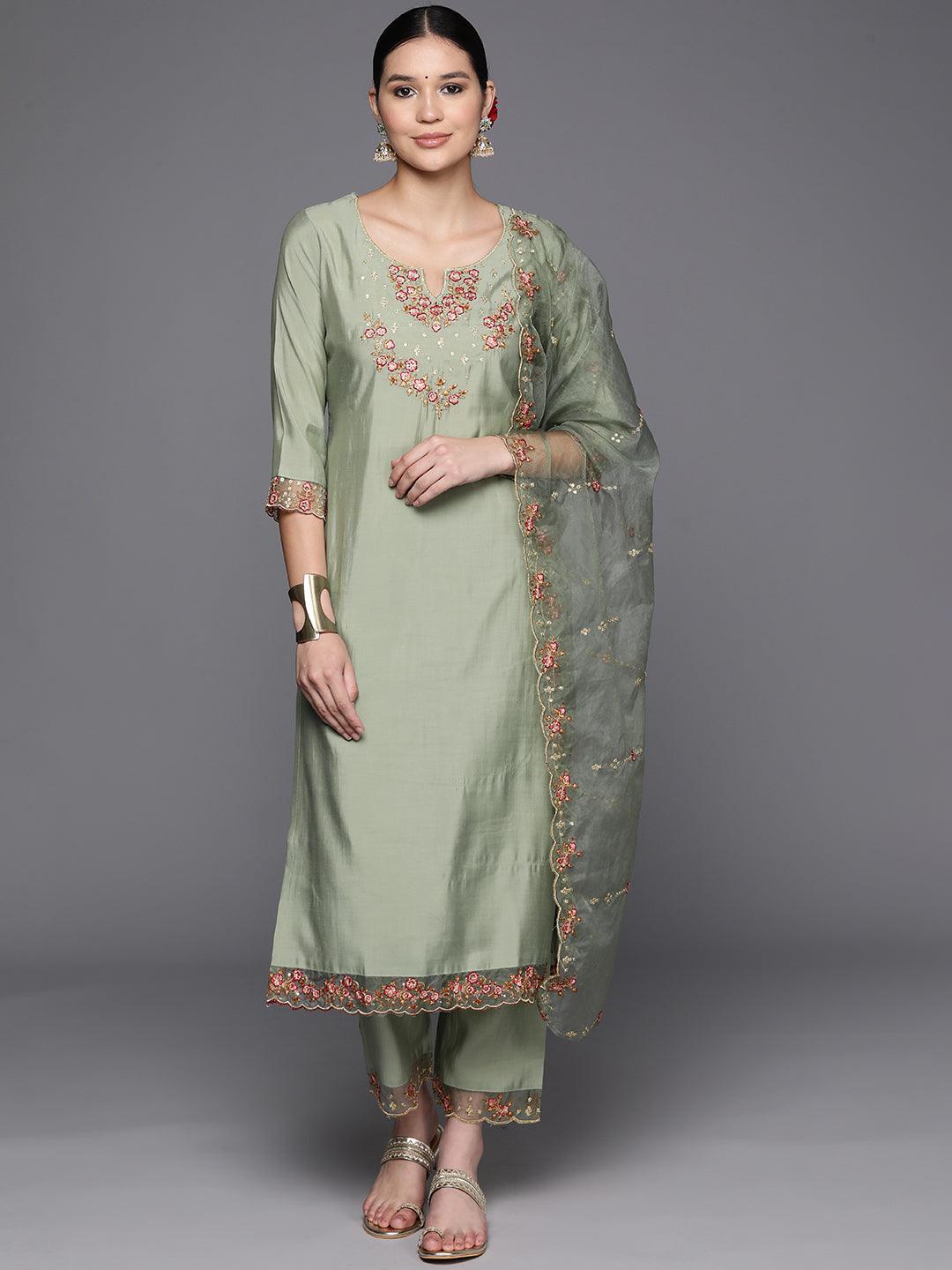 Green Embroidered Silk Blend Straight Kurta With Trousers & Dupatta