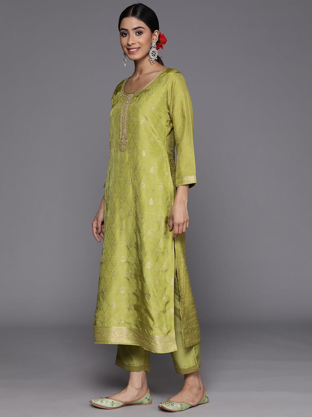 Green Embroidered Silk Blend Suit Set With Trousers